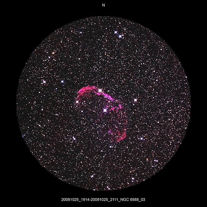 20081025_1914-20081025_2111_NGC 6888_03.JPG -  Cyg Newton d 309,5 / af 1623 & Coma Corrector CANON-EOS5D (AFC-Filter) 1000 ASA no add. filter 10 light-frames 360s, auto dark, 5 flat, 10 bias Guidemaster, DSS, Canon-RAW-Image, Adobe-PS-CS3 thin fog, thin upper fog - changing density  